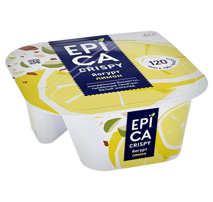 Йогурт Epica Crispy с лимоном 8.6% 140г + смесь из семян тыквы печенья и белого шоколада 140г